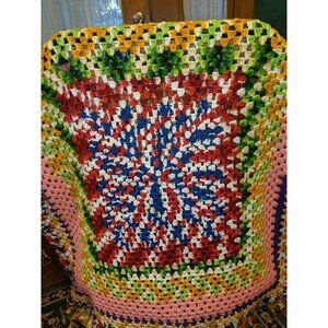 Hand Made Crochet Knit Afghan Throw Lap Blanket 42" X 51" Multicolored Fringe